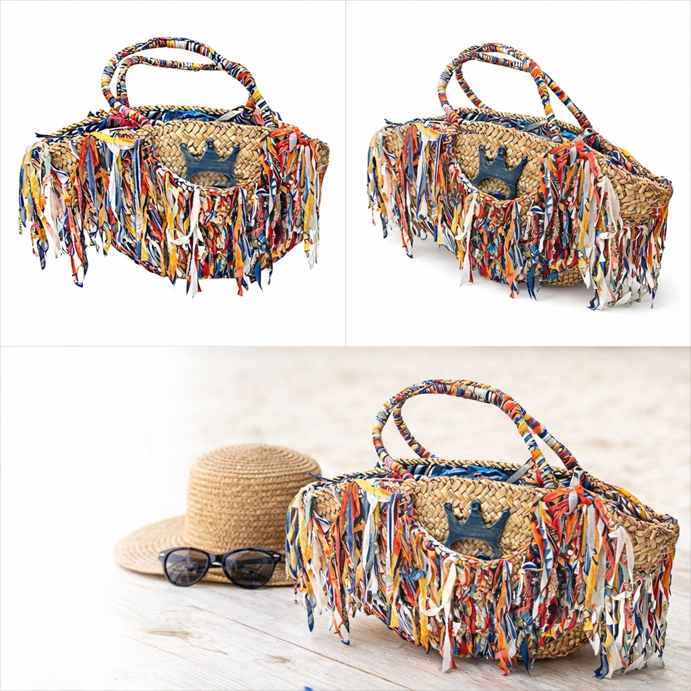 Boho Woven Straw Fringe Tote Bag Colorful Fabric Tassel Beach Handbag - Picture 2 of 11